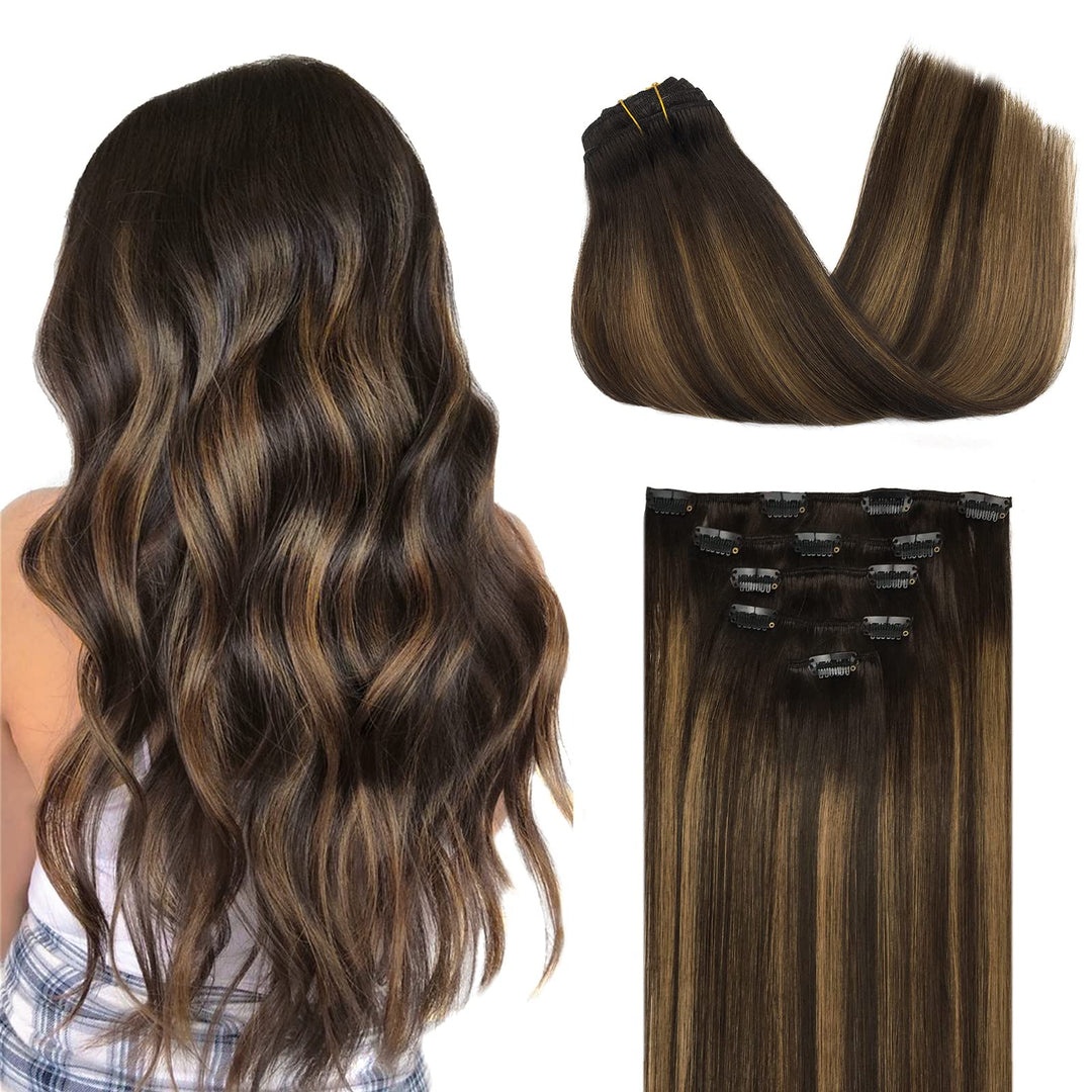 Doores Clip In Hair Extensions, 75G 5Pcs Balayage Dark Brown To Chestnut Brown 16 Inch Real Human Hair Extensions Clip In Natura