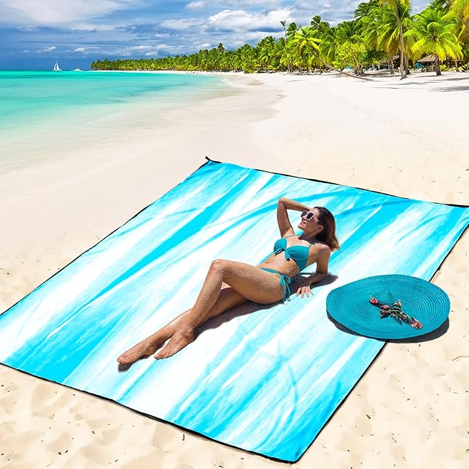 Beach Blanket Waterproof Sandproof Beach Mat 79”x 83” for 1-4 Adults Quick Drying Durable Outdoor Picnic Mat for Beach Festival Travel Camping Hiking (TINTING-BL&W, 79"×83"(4 Person))