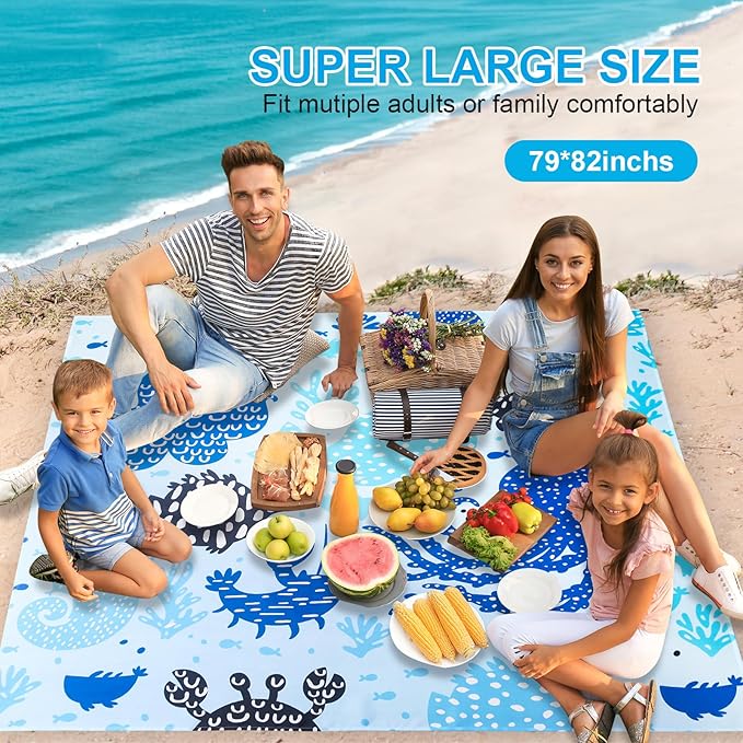 Beach Blanket, Sandproof Beach Mat 79" X 82" for 4-7 Adults, Large Waterproof Beach Blanket Quick Drying Lightweight Beach Blanket with 4 Stakes for Travel Camping Hiking (Octopus)