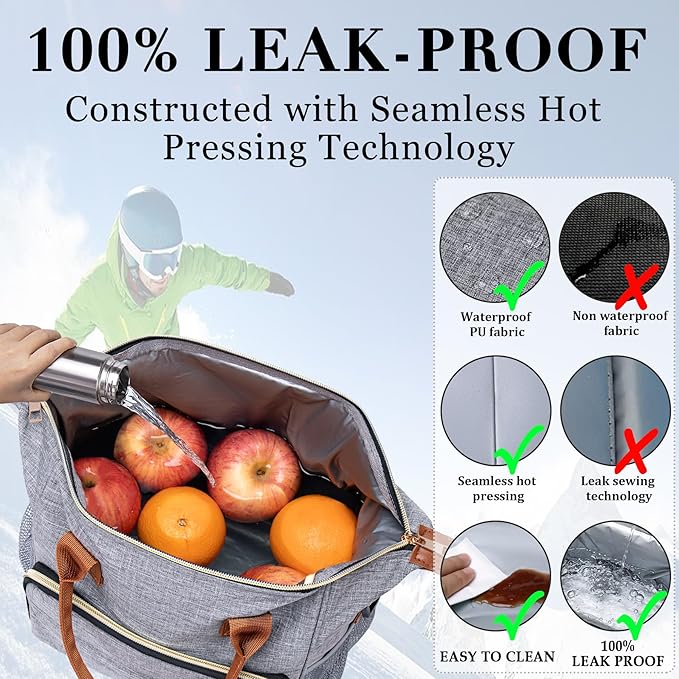 TuErCao Adult Lunch Box - Insulated Lunch Bag Women for Work, Soft Cooler for Beach Travel Picnic, Ladies Lunch Tote Bag for Office, Grey