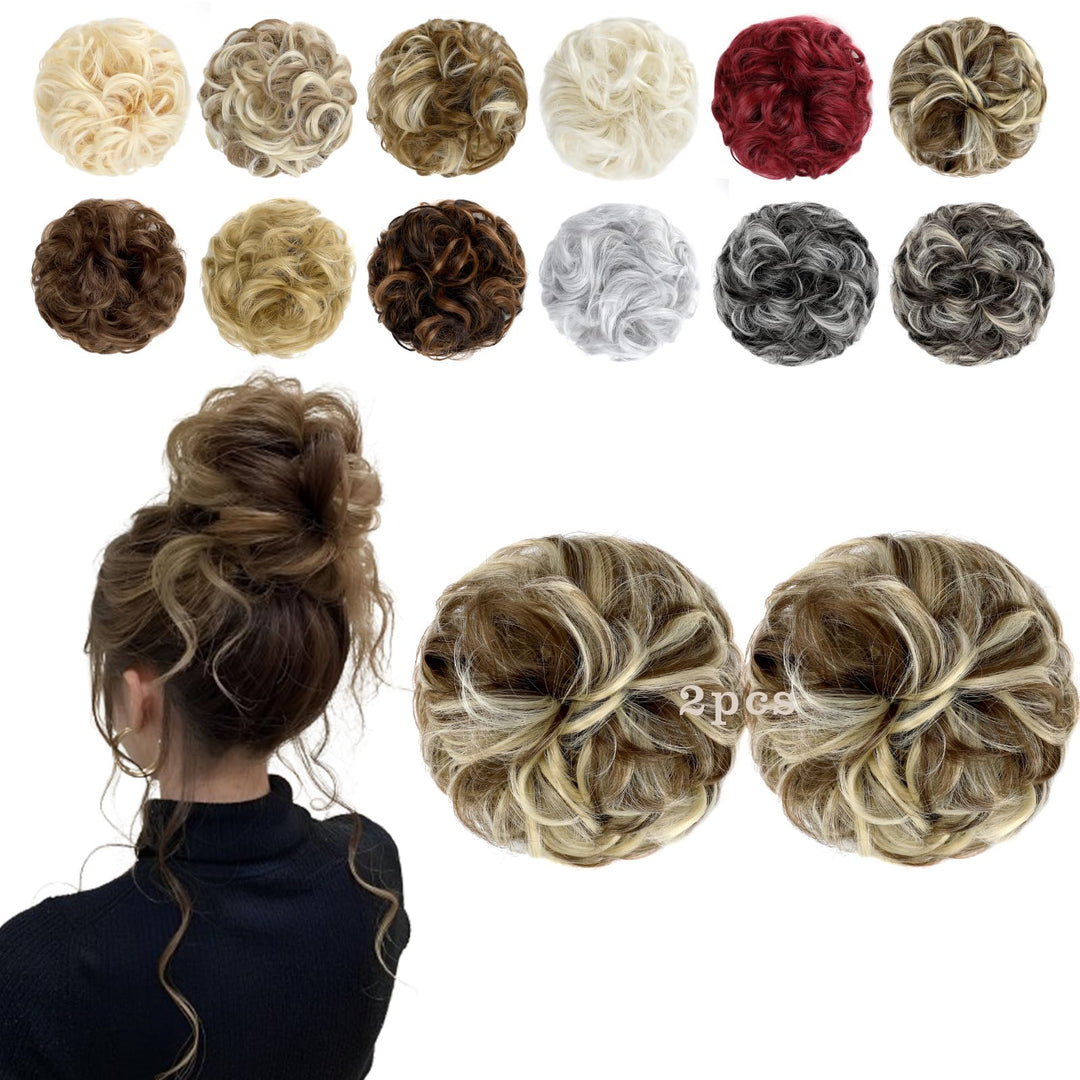 FeidyLong 2 PCS Messy Bun Hair Piece Wavy Curly Scrunchies Synthetic Chignon Ponytail Hair Extensions Thick Updo Hairpieces for Women Girls(Brown Mix Bleach Blonde)