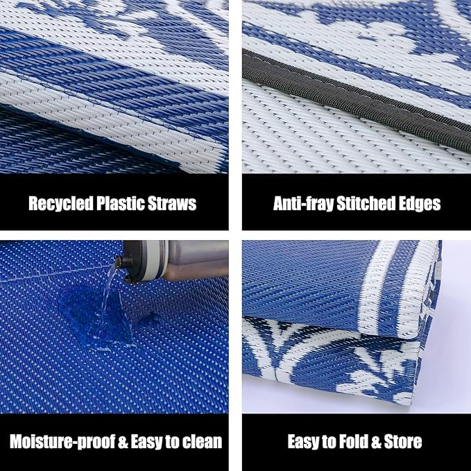 RV Outdoor Rug Waterproof Mat 9'x12' Camping Carpet Outside Area Rugs Reversible Light Blue Rugs for Deck Entryance Porch Picnic Balcony Beach