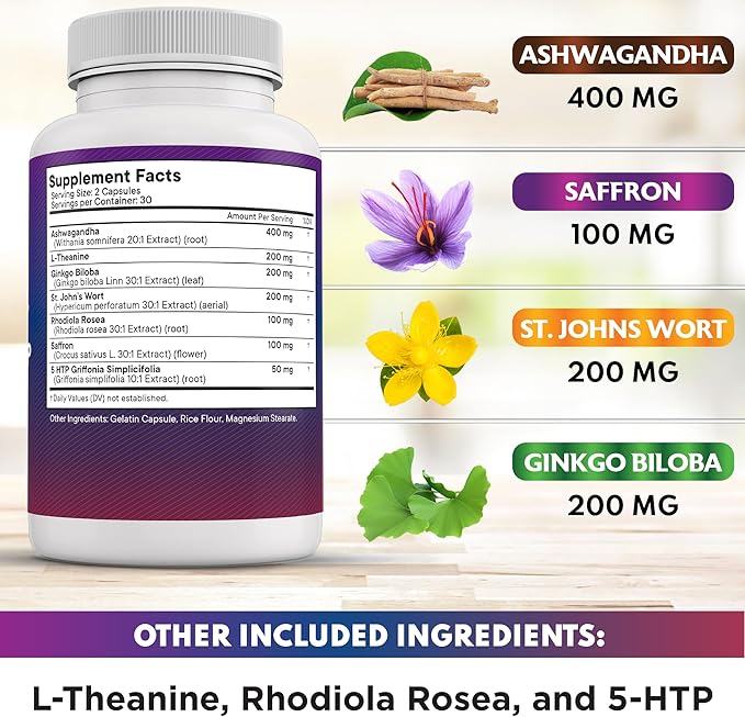 NEW AGE Saffron Supplements with Ashwagandha - Support with L-Theanine, Ginkgo Biloba, St. John's Wort, Rhodiola Rosea & 5-HTP - Saffron 60 Count