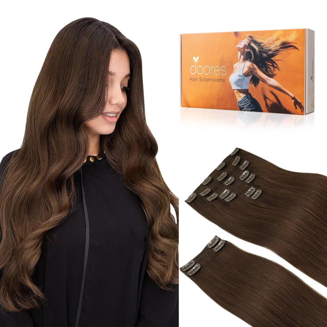 Doores Human Hair Extensions, Chocolate Brown 150G 9Pcs 22 Inch, Remy Hair Extensions, Natural Hair Clip Ins, Straight Thick