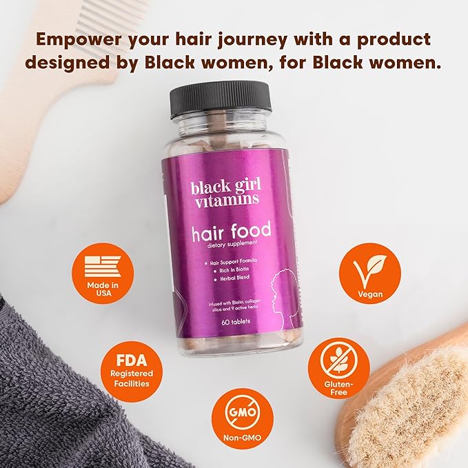 Black Girl Vitamins - Hair Food Biotin Supplement with Collagen for Hair Growth Support, Vegan, Gluten-Free, 60ct
