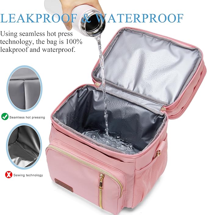 MIYCOO Lunch Bag & Lunch Box for Women Men Double Deck - Leakproof Insulated Soft Large Lunch Cooler Bag, Pink,15L