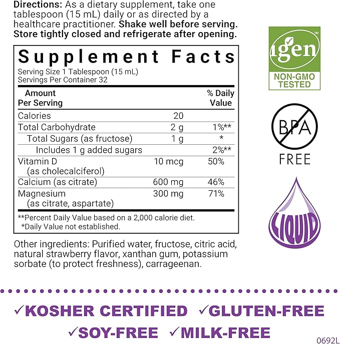 Bluebonnet Nutrition Liquid Calcium Citrate Calcium Citrate, Magnesium Citrate, Vitamin D3, Bone Health, Gluten Free, Soy Free, Milk Free, Kosher, 32 Servings, Strawberry Flavor, 16 Fl Oz (Pack of 1)