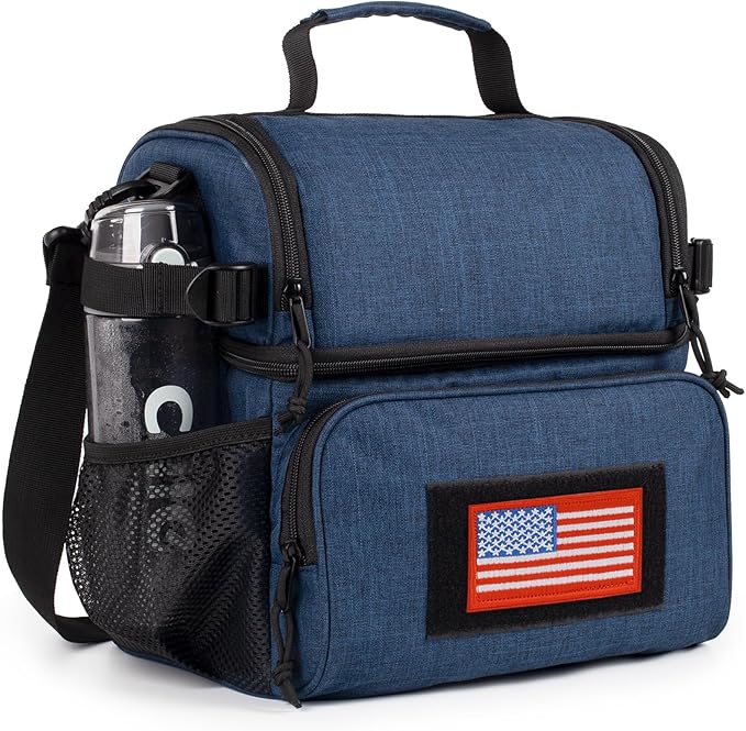 ATRIPACK 2 Compartment Lunch Bag for Men Adult, Tactical Lunch Box Leakproof Insulated Large Cooler Bag for Work with Adjustable Shoulder Strap Flag Double Layer Lunch Pail（Blue）