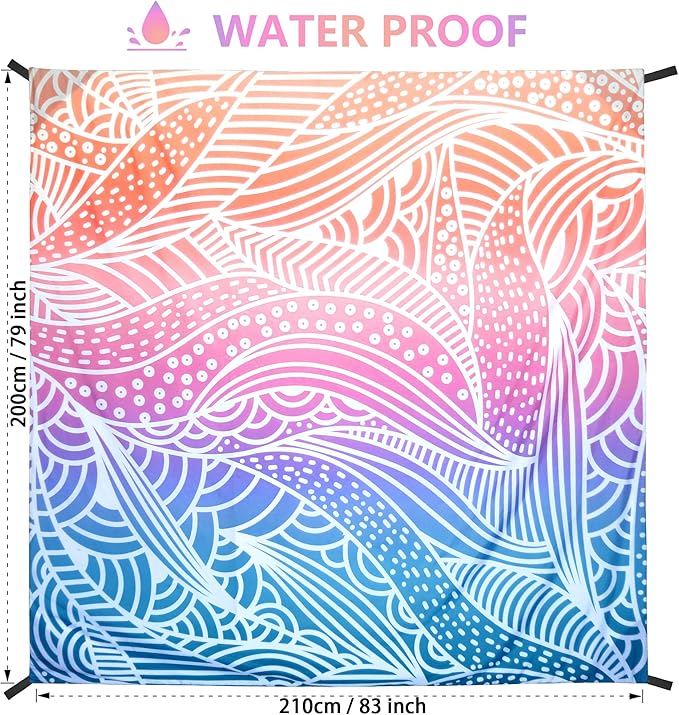 Beach Blanket Sandproof Extra Large Beach Mat Adults Waterproof Quick Drying Sand Free Mat Made by Premium Polyester with 4 Stakes & 4 Corner Pockets for Outdoor Travel Camping Hiking