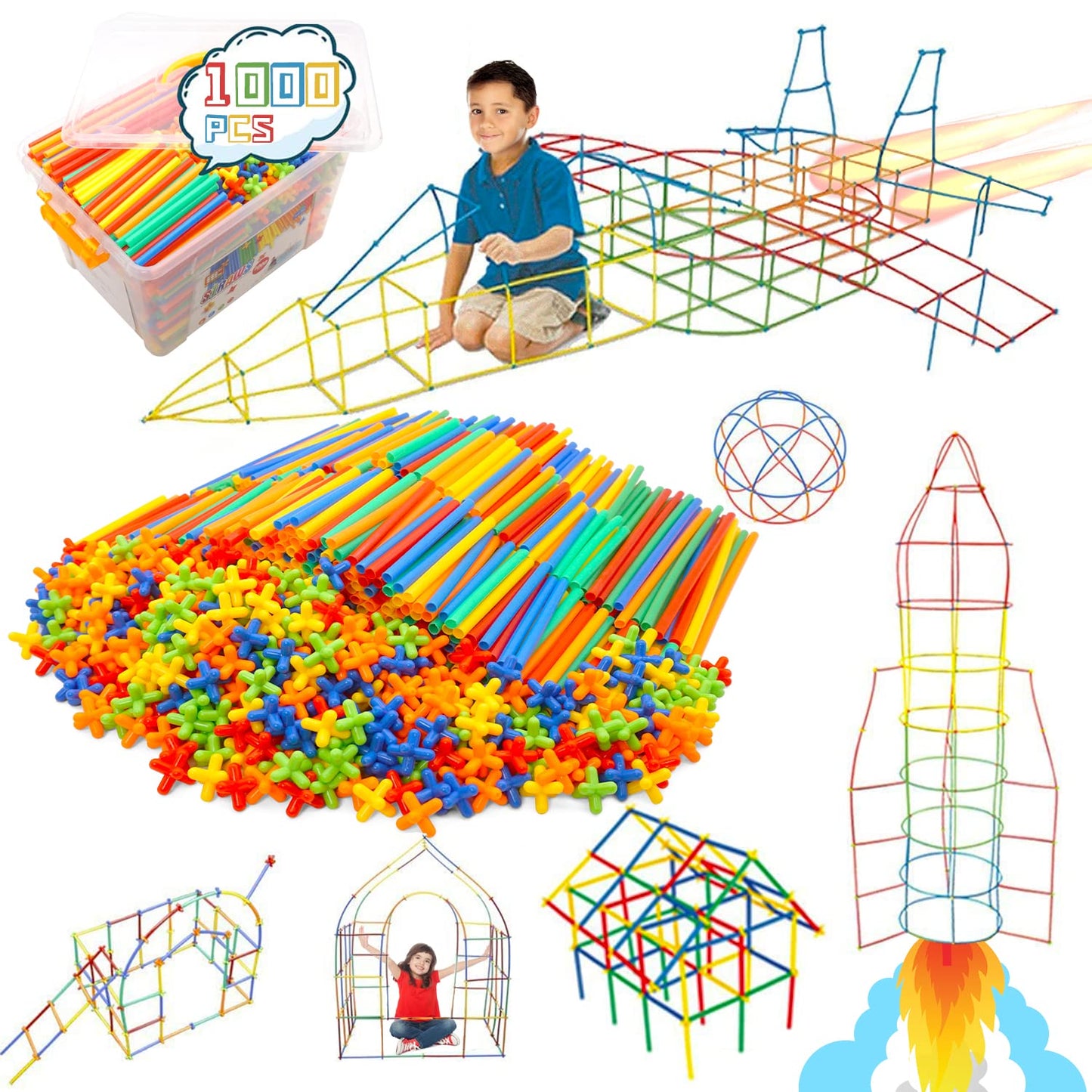 1000 Pieces Reusable Construction Tubes and Connectors Toys, Fort Building Toys for Kids, STEM Creative Building Games for Boys and Girls Ages 4 5 6 7 8 Years Old