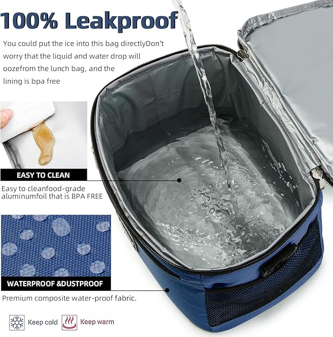 BEIMILY Lunch Box for Men/Women,Small Insulated Lunch Bag,Reusable LunchBox for work Picnic Hiking Beach,Leakproof Soft Cooler Tote Bag Organizer with Adjustable Shoulder Strap for Adults (Blue)