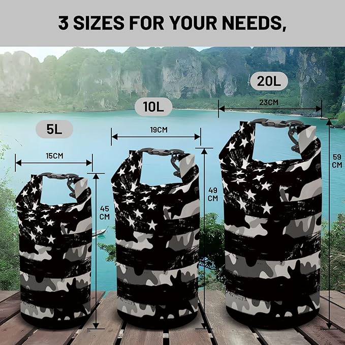 Waterproof Dry Bag,Roll Top Grey Camouflage American Flag Small Waterproof Backpack 5L/10L/20L Floating Lightweight Bags for Kayaking, Boating, Fishing, Swimming Camping with Waterproof Phone Case