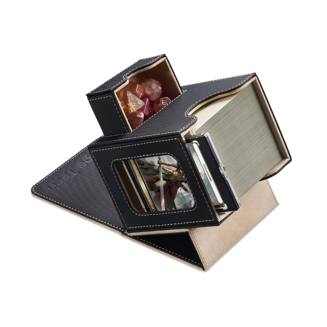 Mage Tech Card Deck Box for MTG Commander - Patented Design, Commander Display, Fits 100 Double-Sleeved Cards, 35pt Card Brick & Dice Tray - Black/Pale Gold
