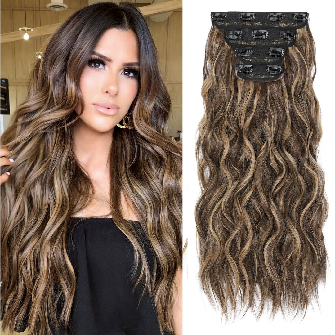 REECHO Hair Extensions, 4PCS Clip in Hair Extensions HE001 Natural Soft Synthetic Hairpieces for Women, Chocolate Brown with Blonde Highlights