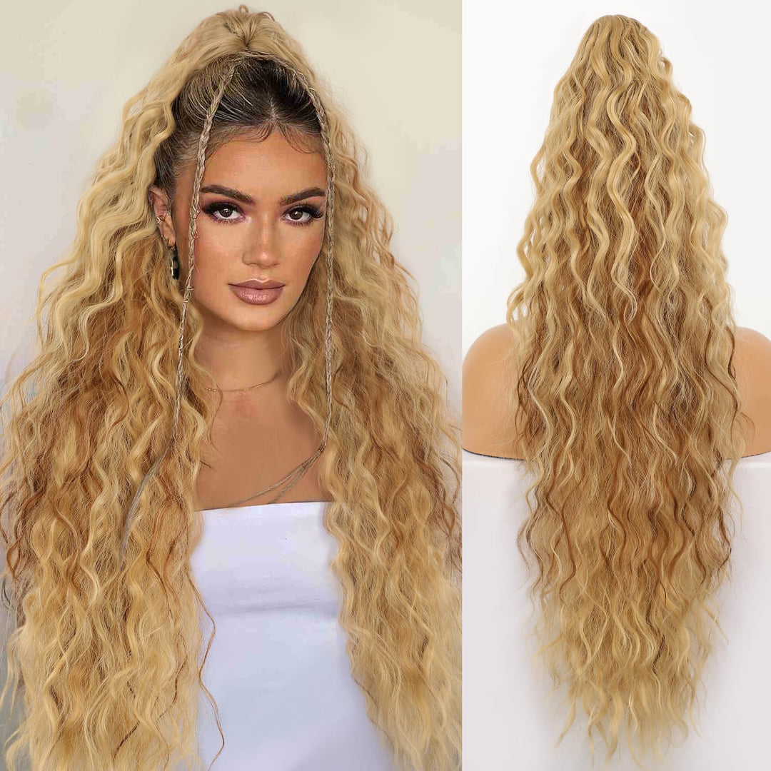 ORSUNCER Ponytail Extension Claw 30" Curly Pony Tail Clip in Claw Hair Extensions Fluffy Natural Looking Synthetic Hairpiece for Women Light Blonde Highlight