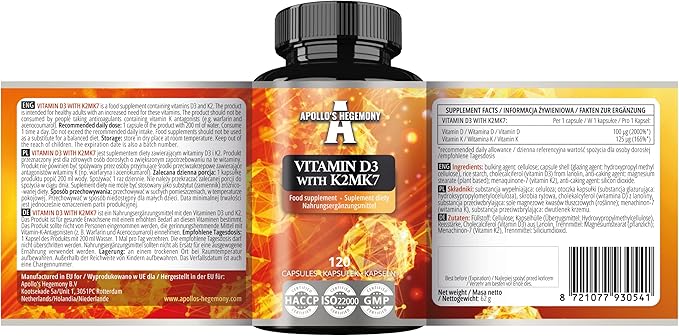 APOLLO'S HEGEMONY Vitamin D3 4000 UI with K2 MK7-120 Capsules - Potent Bone and Blood Health Support - 4 Month Supply - Diet Supplement