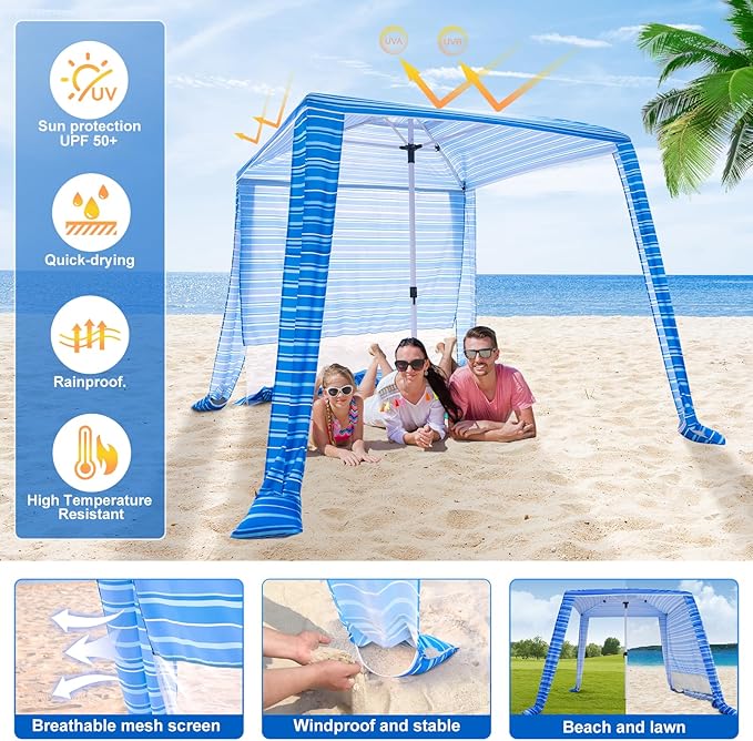 Beach Cabana - Cool 6.2’x6.2’ UPF 50+ Sun Shade, Easy Setup & Portable, Waterproof Canopy with Sand Pockets, Side Wall & Beach Umbrella Tent Design - Perfect for Family Trips, Picnics & Camping