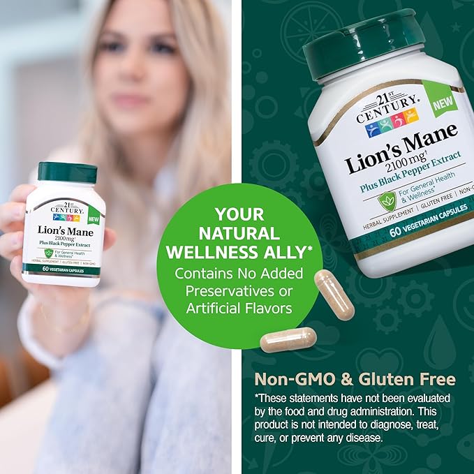 21st Century Lion's Mane 2,100 mg, Plus Black Pepper Extract, Vegetarian Capsules, 60 Count
