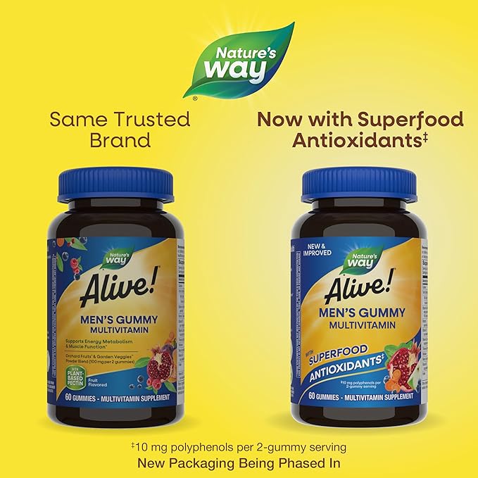 Nature's Way Alive! Men's Gummy Multivitamin, Supports Energy Metabolism*, Muscle Function*, Superfood Antioxidants(1), B-Vitamins, Vegetarian, Fruit Flavored, 60 Gummies (Packaging May Vary)