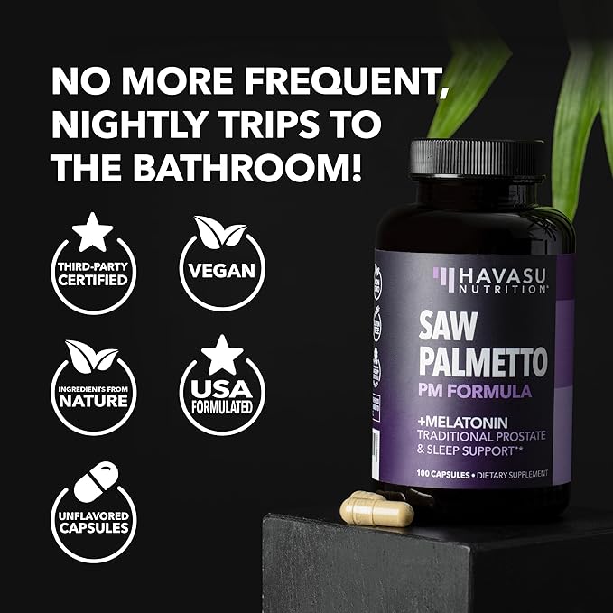 Saw Palmetto PM for Men with Melatonin 3mg - Night Time Prostate Health Supplement for Bladder and Sleep Support - Reduce Urinary Frequency - 200 Count - Vegan, Non-GMO Capsules - Over 6 Month Supply