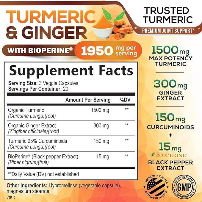 Turmeric Curcumin Supplement 1950mg with Organic Turmeric & Ginger, 95% Curcuminoids, BioPerine Black Pepper for Best Absorption, Nature's Vegan Joint Support, Non-GMO, Bottled in USA - 60 Capsules