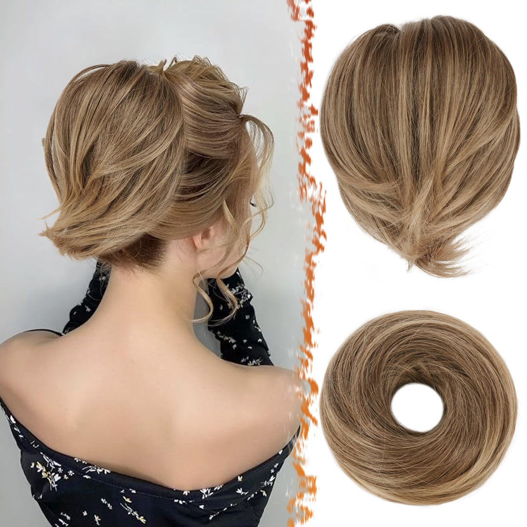 BARSDAR Brown Hair Bun Extensions - Synthetic Fully Short Straight Ponytail Hair Bun Extensions for Women - Elastic Messy Hair Bun Scrunchies Hairpieces Daily- Ash Brown Mixed