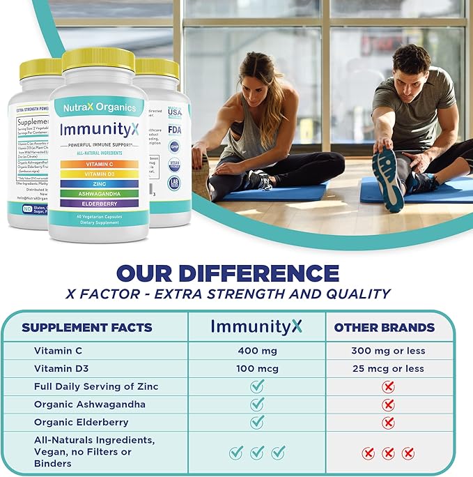 All-in-One Organic Immune Support Supplement 60 Vegan Capsules - Elderberry 500mg, Ashwagandha 500mg, 400mg Vitamin C and Zinc - Vitamin D3 - Immune Boosters for Adults