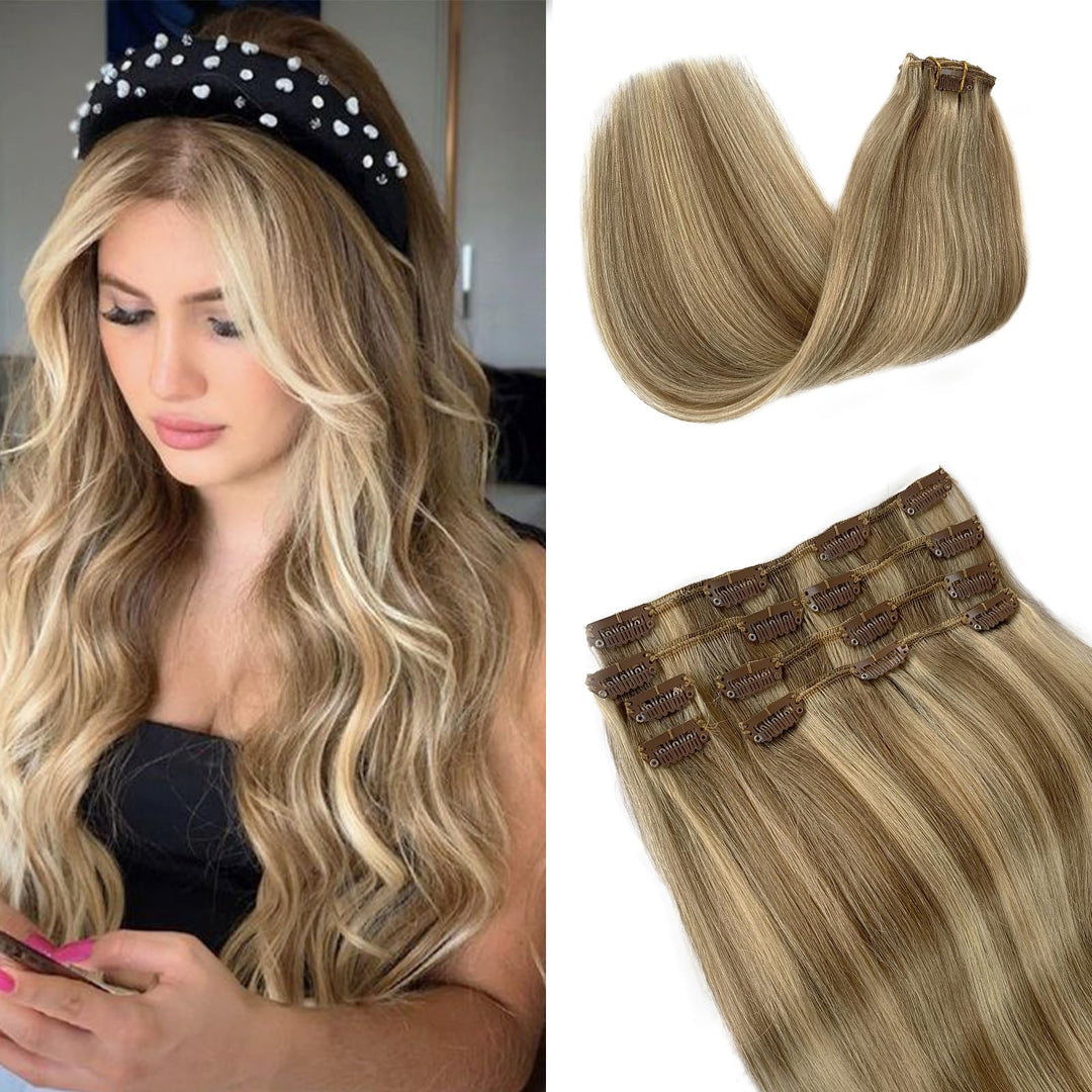 15 Inch Short Hair Extensions Clip Ins Golden Blonde Mixed Light Blonde Remy Human Hair Clip In Extensions Double Weft 70Grams 7