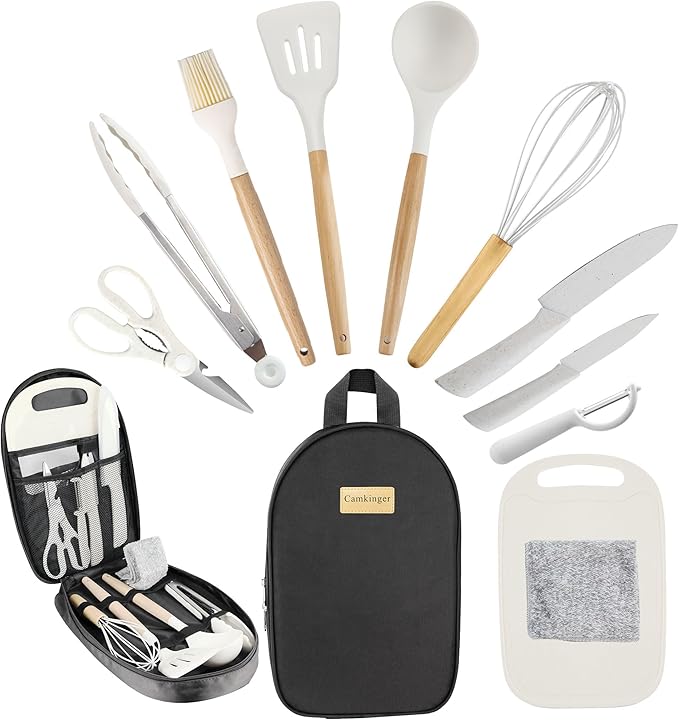 12PCS Camping Accessories Kitchen Cooking Utensils Set - Portable Outdoor Camp Cookware Set, Silicone Camper Essentials Gear Must Have Supplies for Travel RV BBQ Grill Picnic Hiking