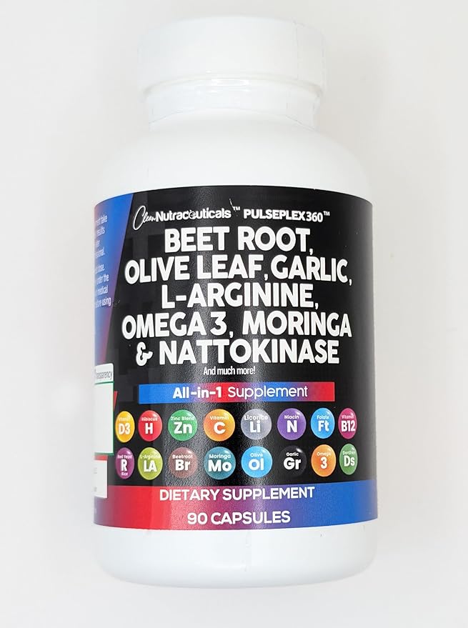 Clean Nutraceuticals Beet Root Capsules Olive Leaf Nattokinase Garlic Extract L-Arginine Omega 3 Red Yeast Rice Hibiscus Danshen - Healthy Support Supplement - 90 Ct