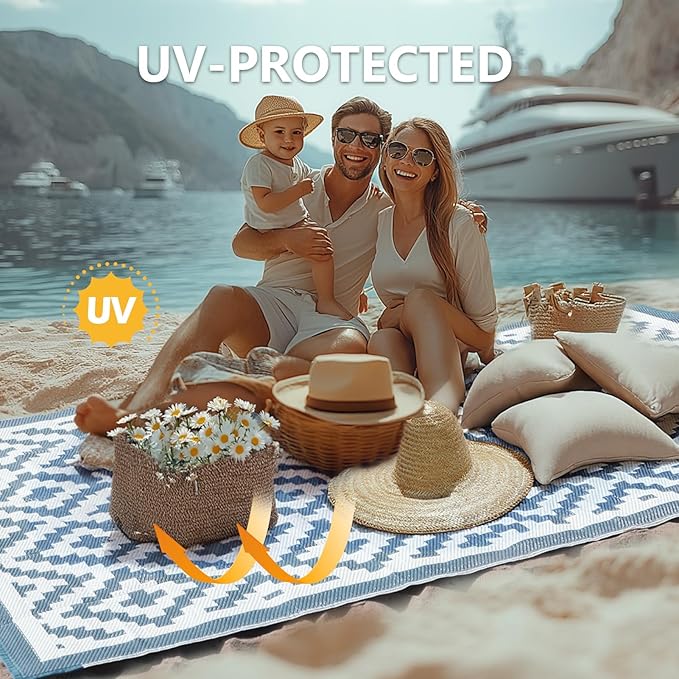 5x8 ft Outdoor Rug Waterproof, Plastic Straw Patio Carpet - UV Resistant Reversible Indoor Outdoor Rugs for Porch, Camping, Poolside, RV, Balcony, Easy to Clean, Blue and White