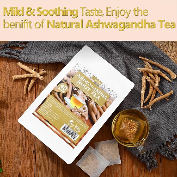 Premium 40 Ashwagandha Tea Bags, Made with 100% Wild Ashwagandha Root, No Additives & Caffeine free.