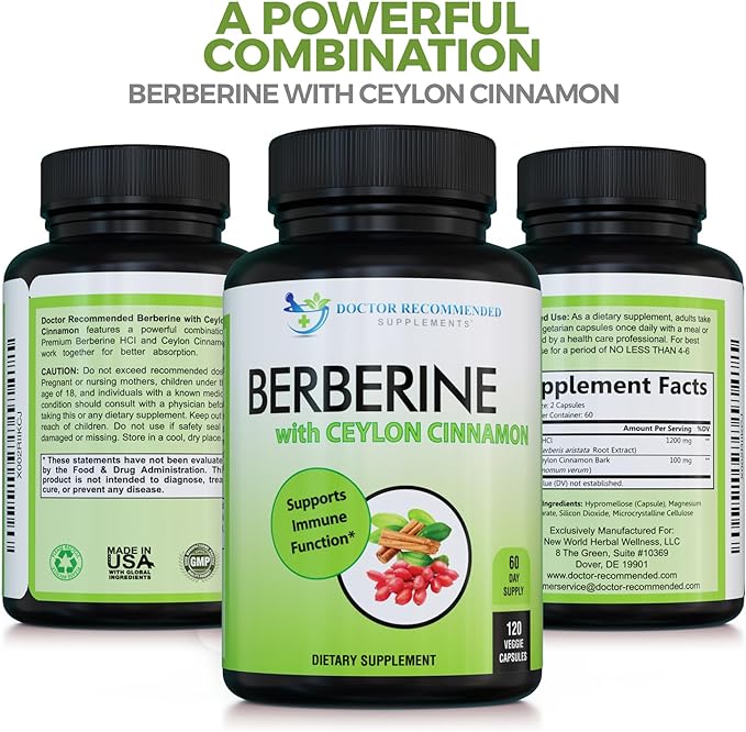 DOCTOR RECOMMENDED SUPPLEMENTS Berberine with Ceylon Cinnamon - 1200mg Berberine & 100mg Organic Ceylon Cinnamon - 120 Veggie Capsules, Healthy Immune System & Gastrointestinal Wellness