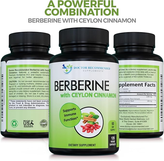 DOCTOR RECOMMENDED SUPPLEMENTS Berberine with Ceylon Cinnamon - 1200mg Berberine & 100mg Organic Ceylon Cinnamon - 120 Veggie Capsules, (Pack of 3)