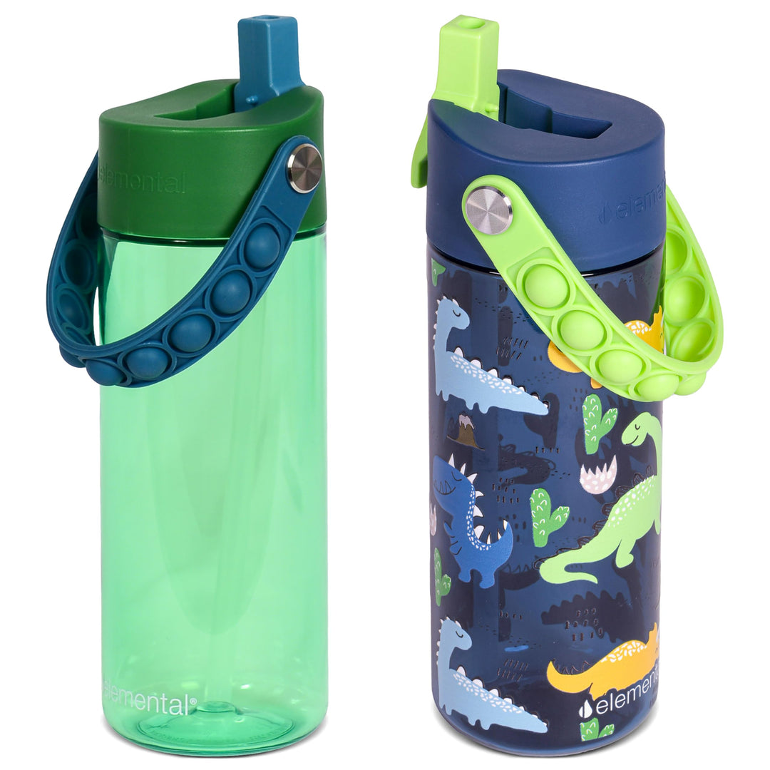 Elemental Leak Proof Water Bottles for Kids - Splash Kids Water Bottle for School with Fun Fidget Pop-it Handle - Tritan Plastic Water Bottle with Straw - Dinosaur & Green - 18oz (2 Pack)