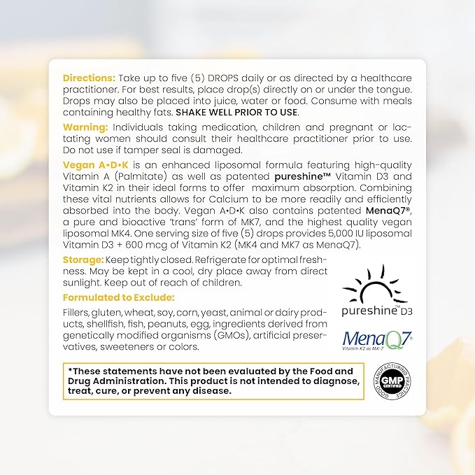 Pure TheraPro Rx Vegan A-D-K Drops 10 Ml, Made in USA | 3 Month Supply | Vitamin A (Palmitate), Liposomal Vitamin D3 (Pureshine), Liposomal Vitamin K2 (MK-4 & MK-7) Supports Immunity & Bone Health