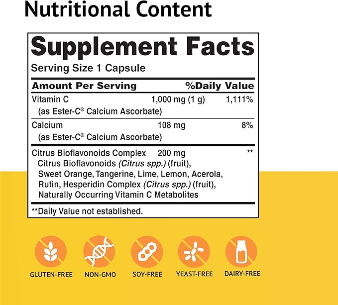 American Health Ester-C 1000 mg with Bioflavonoids Capsules 24Hour Immune Support Gentle on Stomach NonAcidic Vitamin C NonGMO Gluten-Free Servings, Citrus, 105 Count