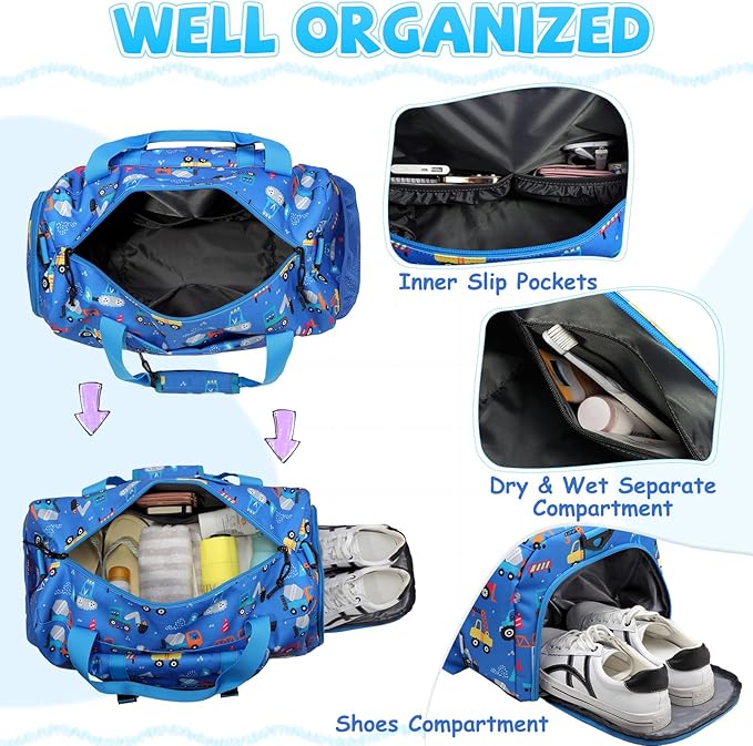 Kids Overnight Duffle Bags,Kasqo Boys Travel Bag Water Resistant Sports Gym Duffel Bag for Teens Girls Sleepover Bag Weekender Carry On Tote with Shoes Compartment Dry Wet Pocket,Blue Cars