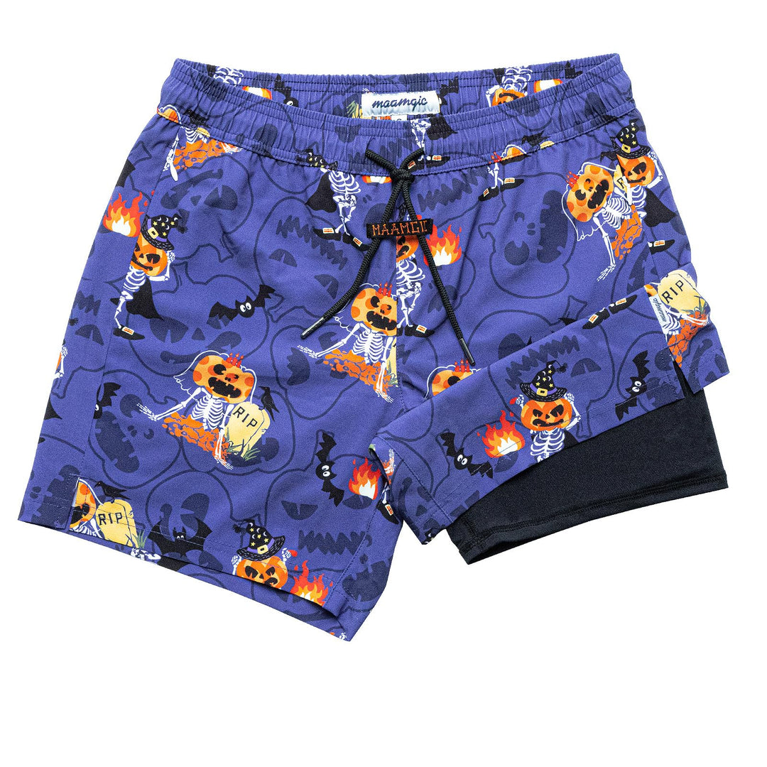 maamgic Mens Swim Trunks with Compression Liner 5" Stretch Athletic Swimming shorts Quick Dry with Zipper Pockets No-Chafing Board Shorts Halloween Party X-Small