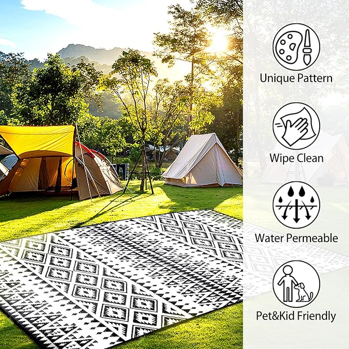 Outdoor Rug Mat for Patio, 8x10ft Waterproof Reversible Plastic Straw Rugs, Camping Carpet Area Mats for RV, Porch, Deck, Backyard, Balcony, Camper, Trailer, Black & White