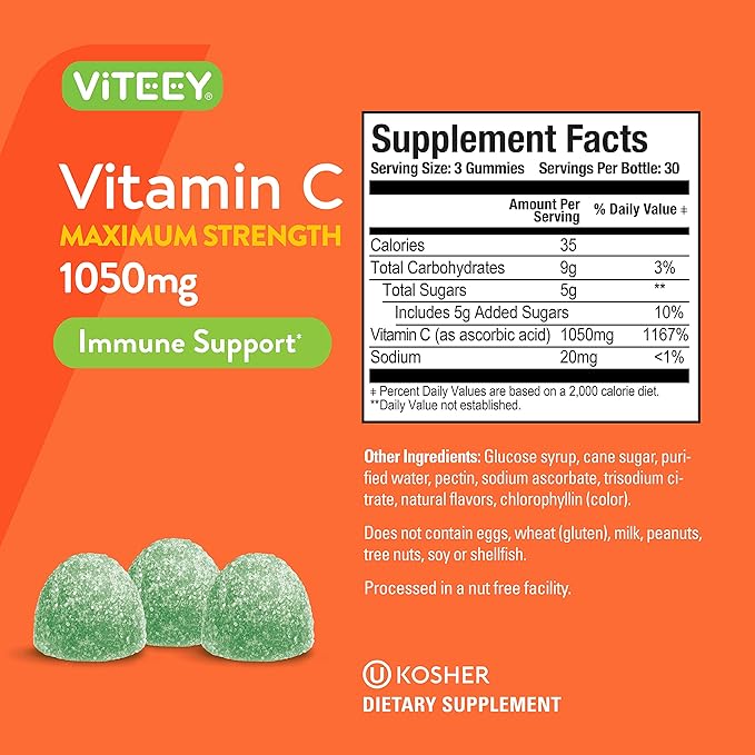 Vitamin C Gummies for Adults & Teens, 1050mg Maximum Strength - Immune Support Gummies - Immune Booster - Vegan, Gelatin Free-Tasty Vitamin C Chewable Sour Apple Flavored Gummy-90 Count (Pack of 2)