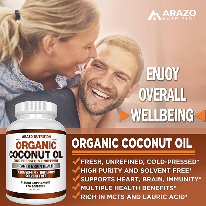 Arazo Nutrition Organic Coconut Oil 2000 MG - 100% Extra Virgin Unrefined Cold Pressed for Weight Support, Skin, Hair, Nails - 120 Softgel Capsules