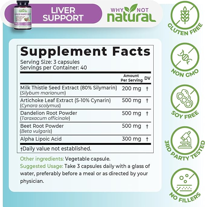 Why Not Natural 5-in-1 Liver Health Formula Supplement for Detox and Cleanse with Milk Thistle Support - 120 Capsules