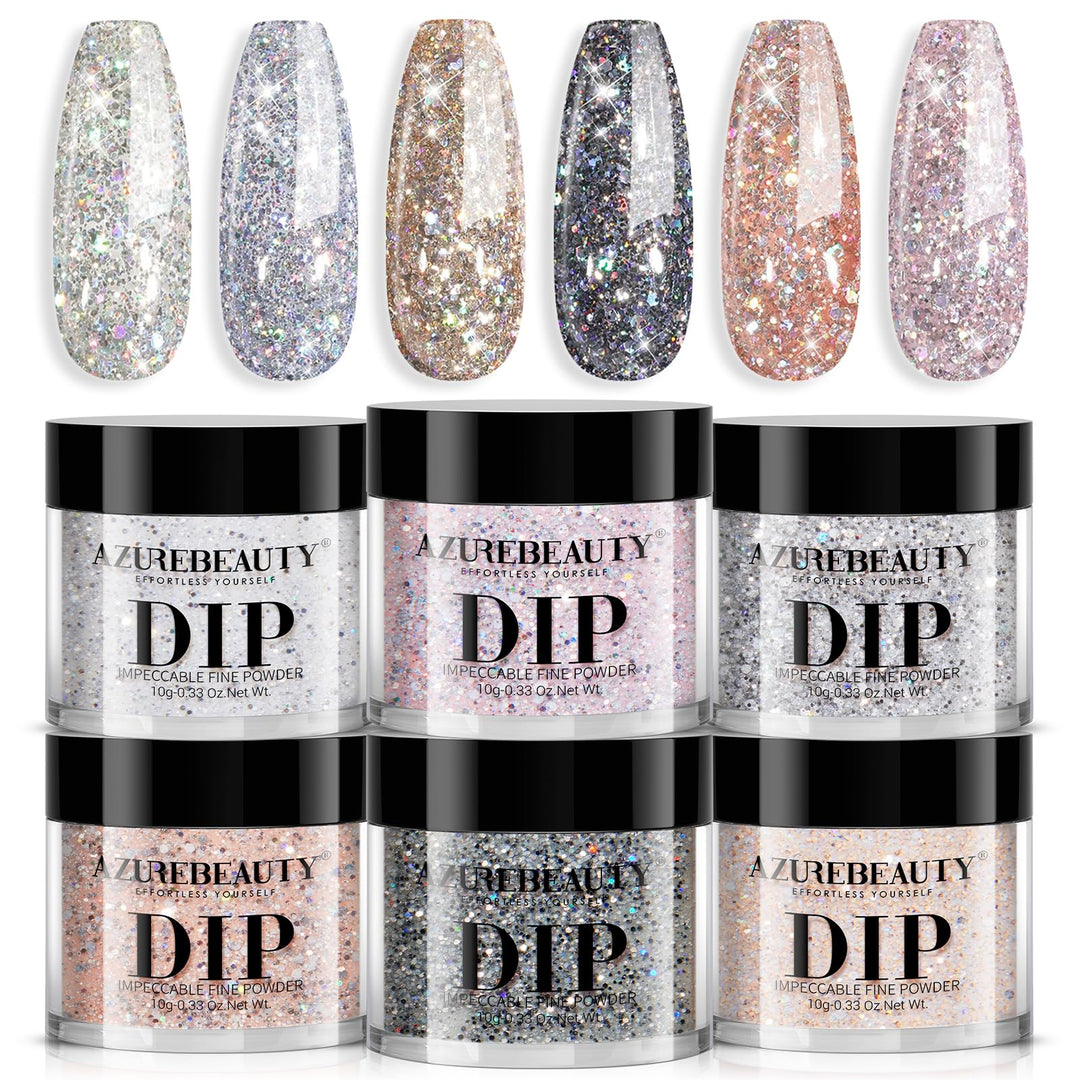 Azurebeauty Dip Powder Nail Set, Silver Pink Black Golden Yellow Glitter Sparkly Shiny Chrome Platinum, 6 Colors All Seasons Dip
