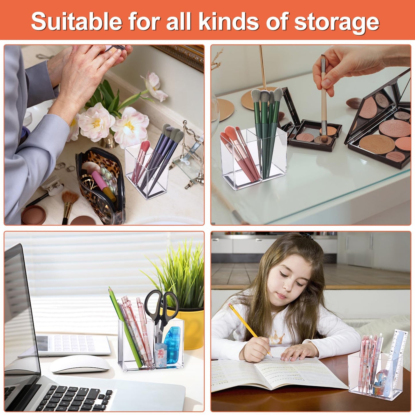 2Pcs Acrylic Pen Holder With 2 Compartments, Square Pencil Organizer, Transparent Cup for Makeup Brushes, Clear Storage Basket for School, Home, Office