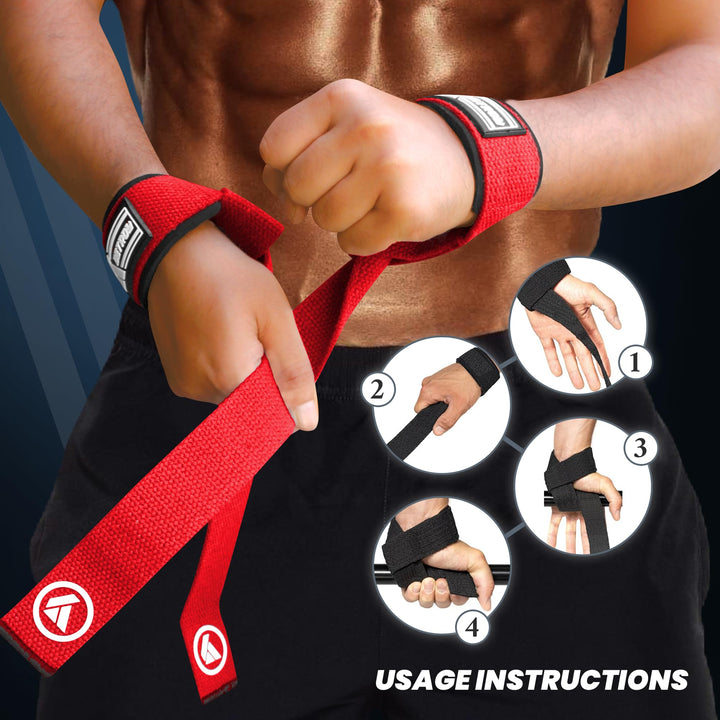 Detroy® Lifting Wrist Straps for Weightlifting, Deadlifts, Bodybuilding, Powerlifting, Gym Strength Training Workouts - Padded Neoprene with 24 inch Webbing Cotton with Silicone Grip for Men & Women (Red)
