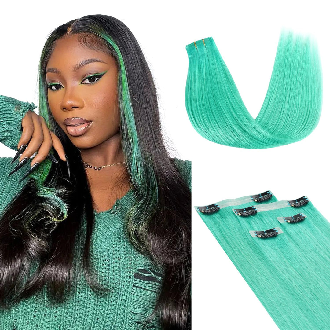Lashey Seamless Clip In Hair Extensions Human Hair 4Pcs 48G Green Clip In Hair Extensions 20 Inch Straight 100% Remy Human Hair