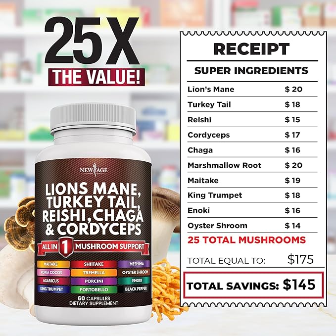 NEW AGE Lions Mane Mushroom Supplement with Turkey Tail Reishi Cordyceps Chaga with Marshmallow Root 180 Count