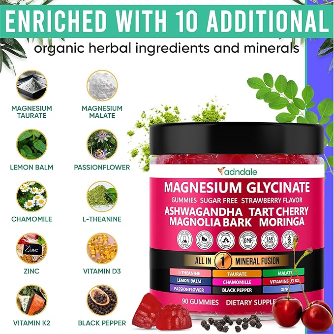 90ct 15-in-1 Magnesium Glycinate Gummies 400 mg/serv- with Magnesium Malate, Ashwagandha, Tart Cherry, Magnolia Bark, Lemon Balm, Passionflower, Chamomile, L-Theanine, Zinc, Vitamin K2 & D3