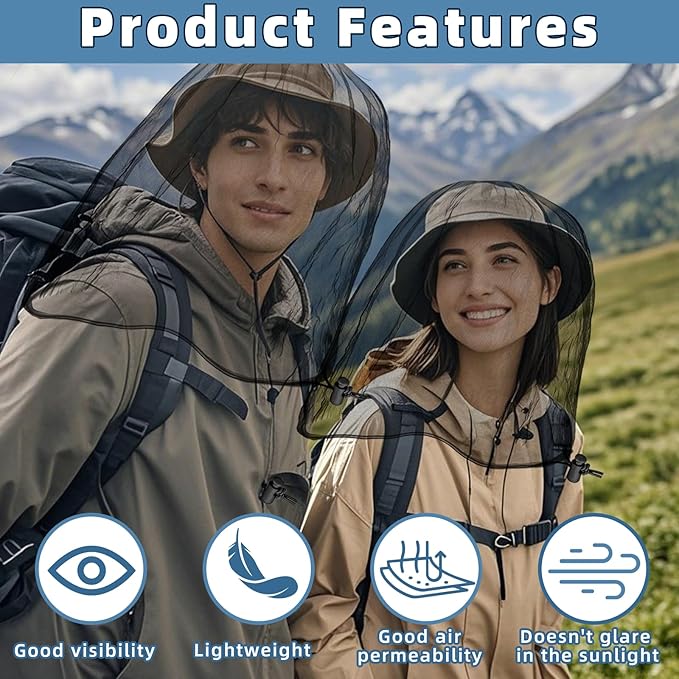 2 Pack Ultra Large Mosquito Net 42x25 Inches Mosquito Head Net Oversized Insect Netting Bug Fits Most Hats for Gardening Hiking Fishing Traveling(Black)